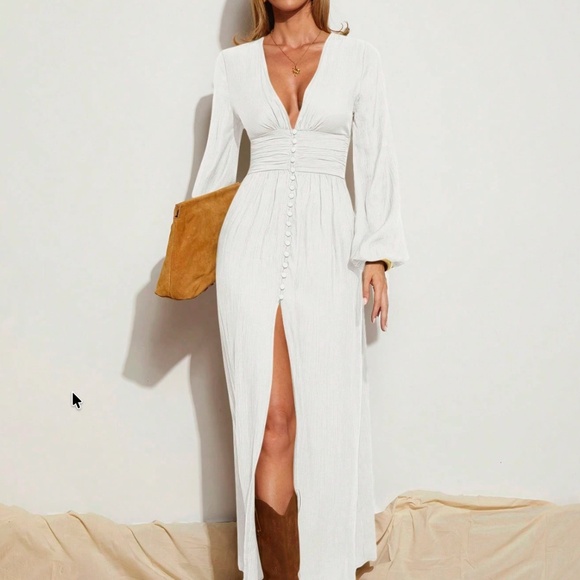 Rouge! Dresses & Skirts - White Bohemian Long Flared Dress V-Neck Faux Buttons Long Sleeve